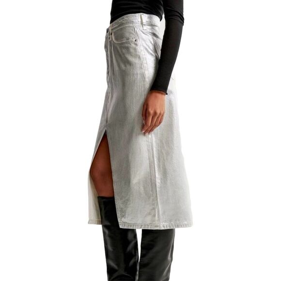 Abercrombie‎ & Fitch Metallic Silver Denim Midi Skirt Sz 10 Streetwear Urban - Picture 3 of 11